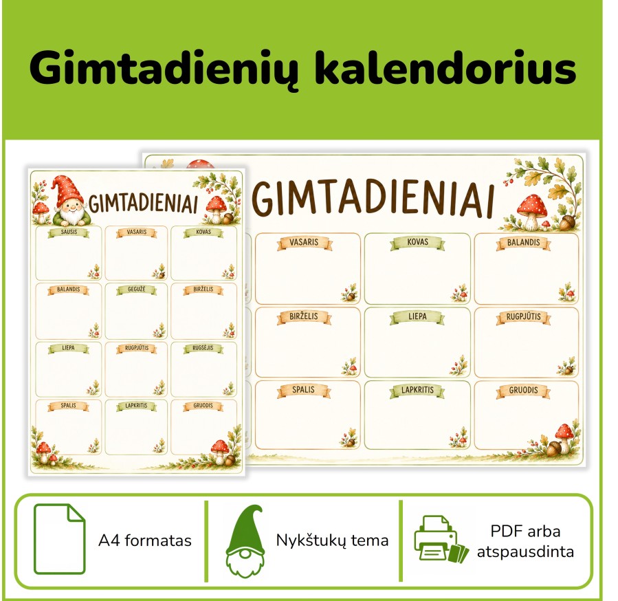Gimtadienių kalendorius | Nykštukų tema (Nr. P177)